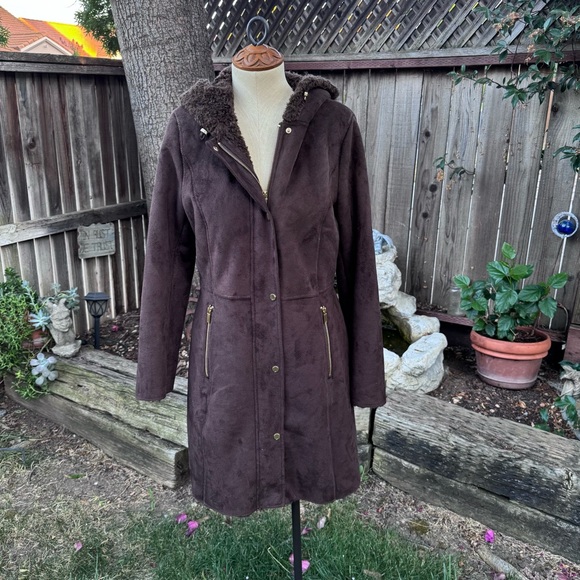 Jones New York Jackets & Blazers - Jones New York Hooded Brown Faux Suede Coat Women's Size Small Petite